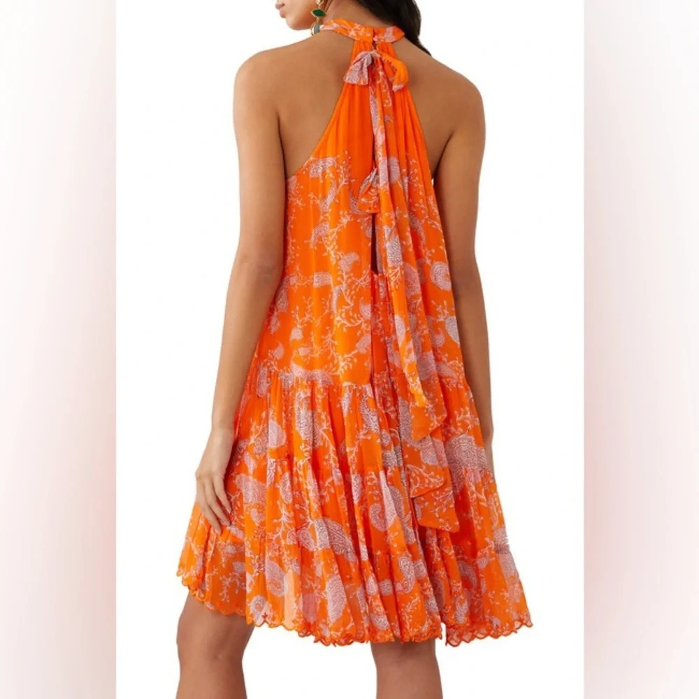 NWT Hemnant & Nandita Paisley Bela Halter Neck High Low Mini Dress Orange Candy - Picture 13 of 13
